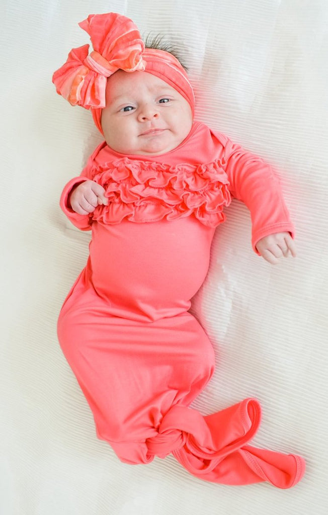 Newborn Knotted Gown - Coral Pink Ruffle Newborn Knotted Gown - Coral Pink Ruffle