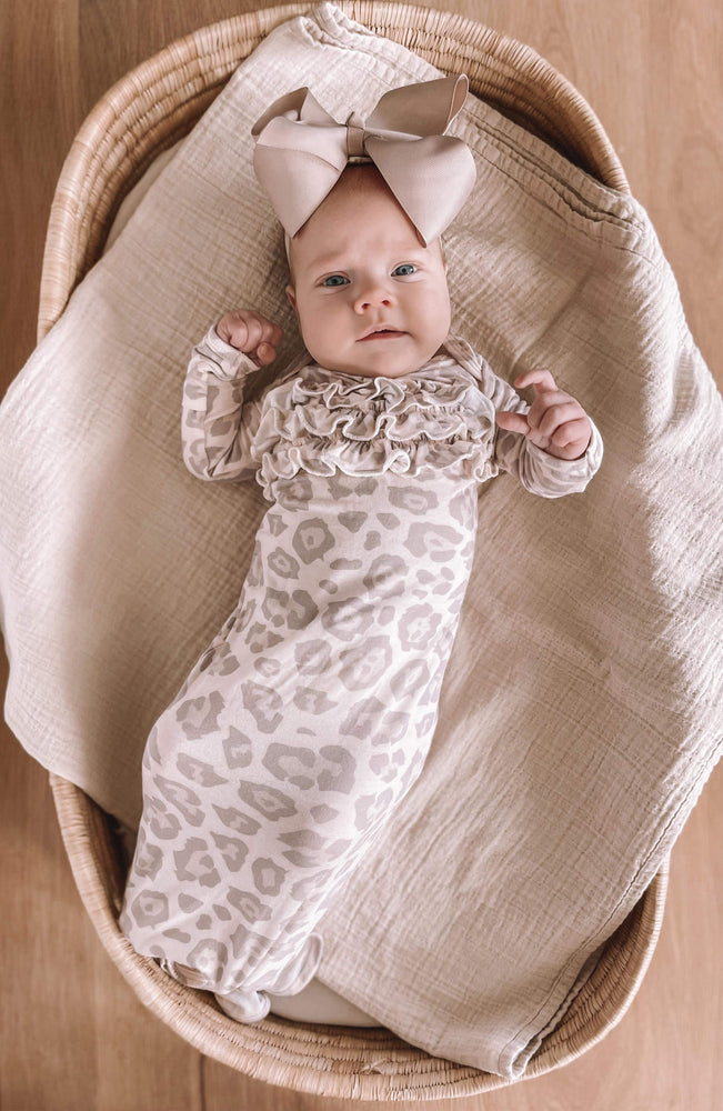 Newborn Knotted Gown  - Muted Leopard Ruffle