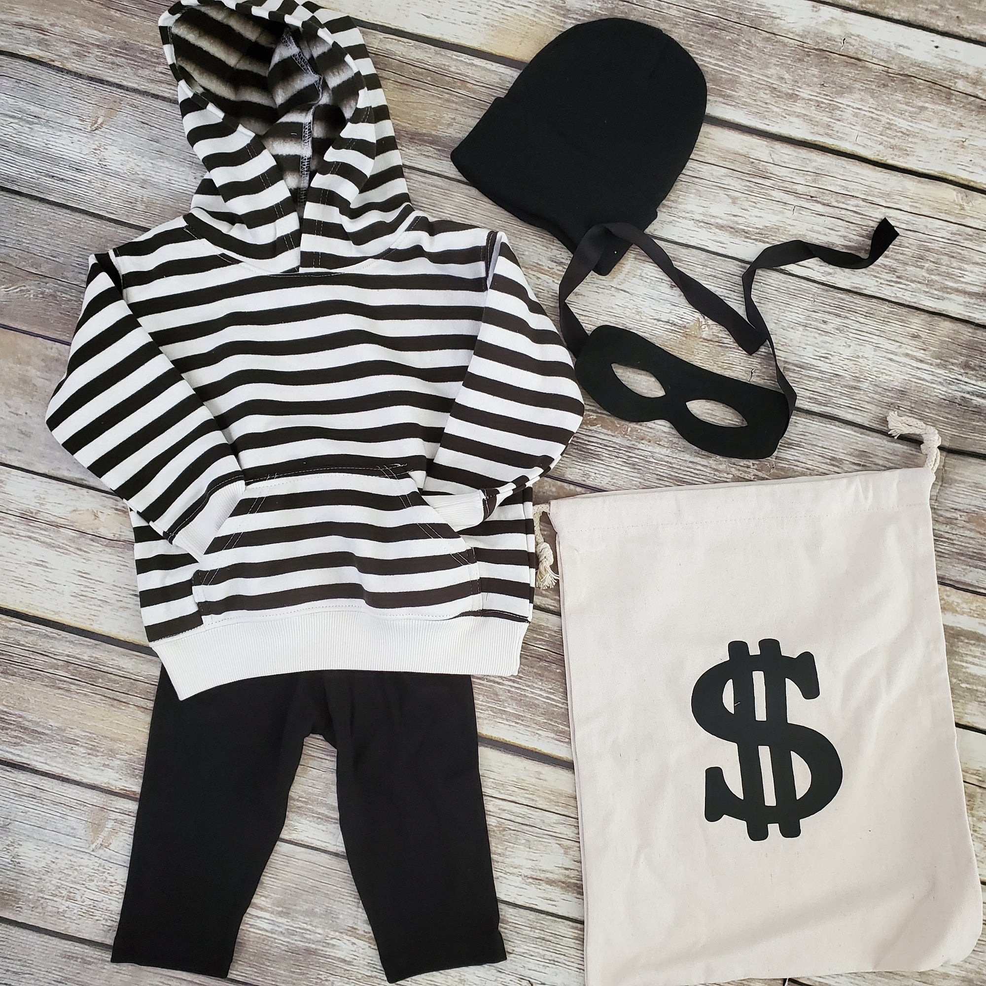 thumbnail image 2 of Robber Costume Set Thief Cosplay Stripe T-shirt Caps Money 2 of 13