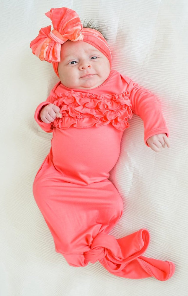 Newborn Knotted Gown  - Coral Pink Ruffle